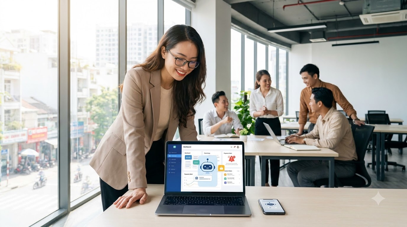Nhân viên tư vấn Việt Nam vận hành chatbot và dashboard thanh toán tự động