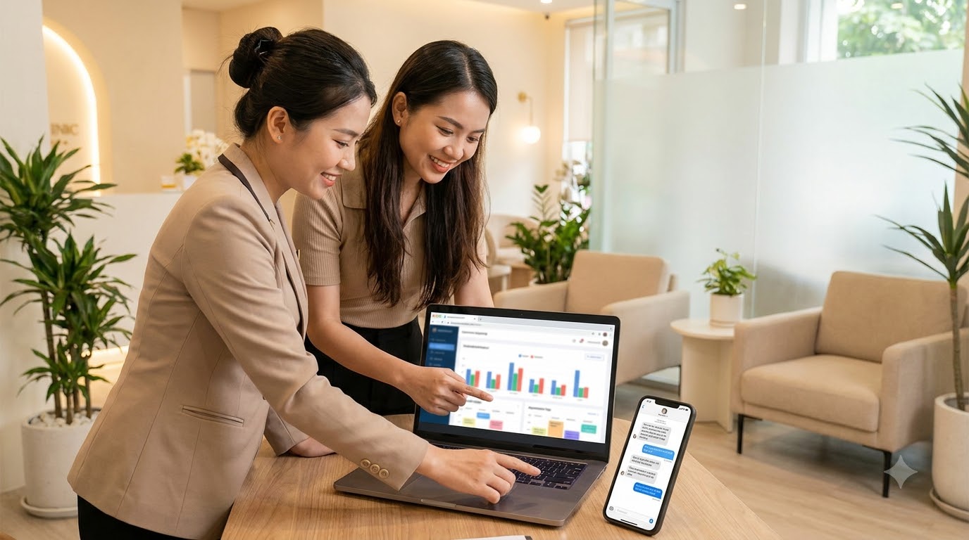 Nhân viên spa Việt Nam theo dõi lead chatbot và lịch tư vấn trên dashboard