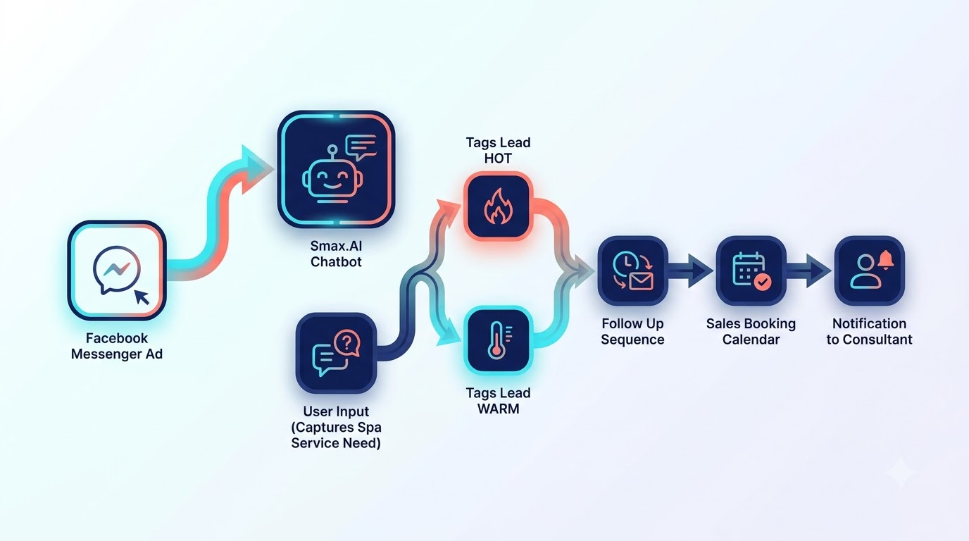 Workflow từ quảng cáo Messenger đến chatbot Smax.AI và lịch tư vấn spa