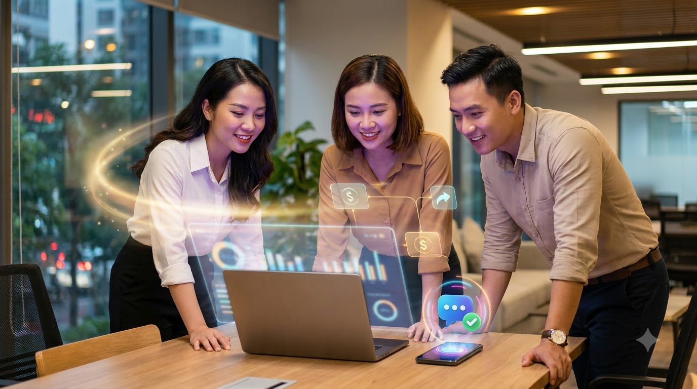 Đội sales Việt Nam theo dõi dashboard doanh thu chatbot và khách chờ thanh toán
