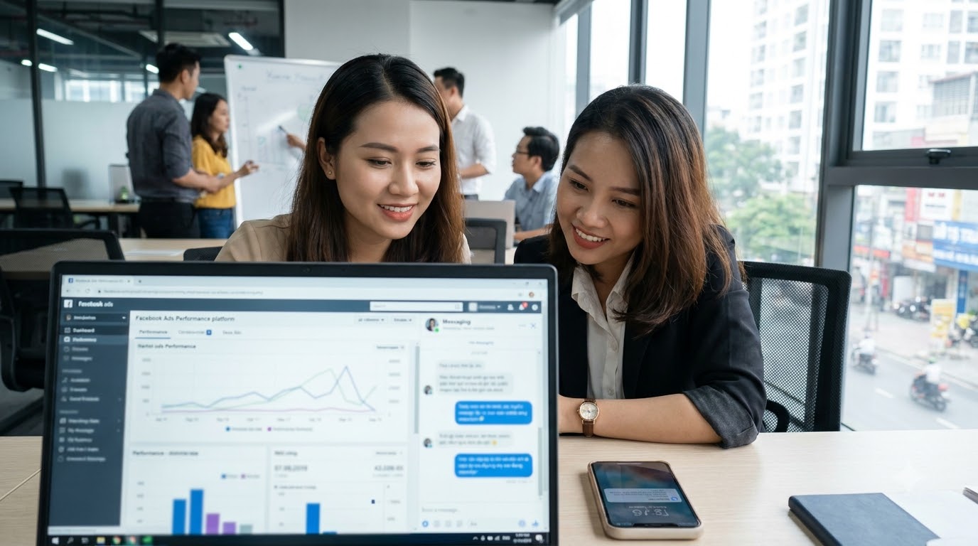 Marketer Việt Nam theo dõi dashboard chatbot và Facebook Ads