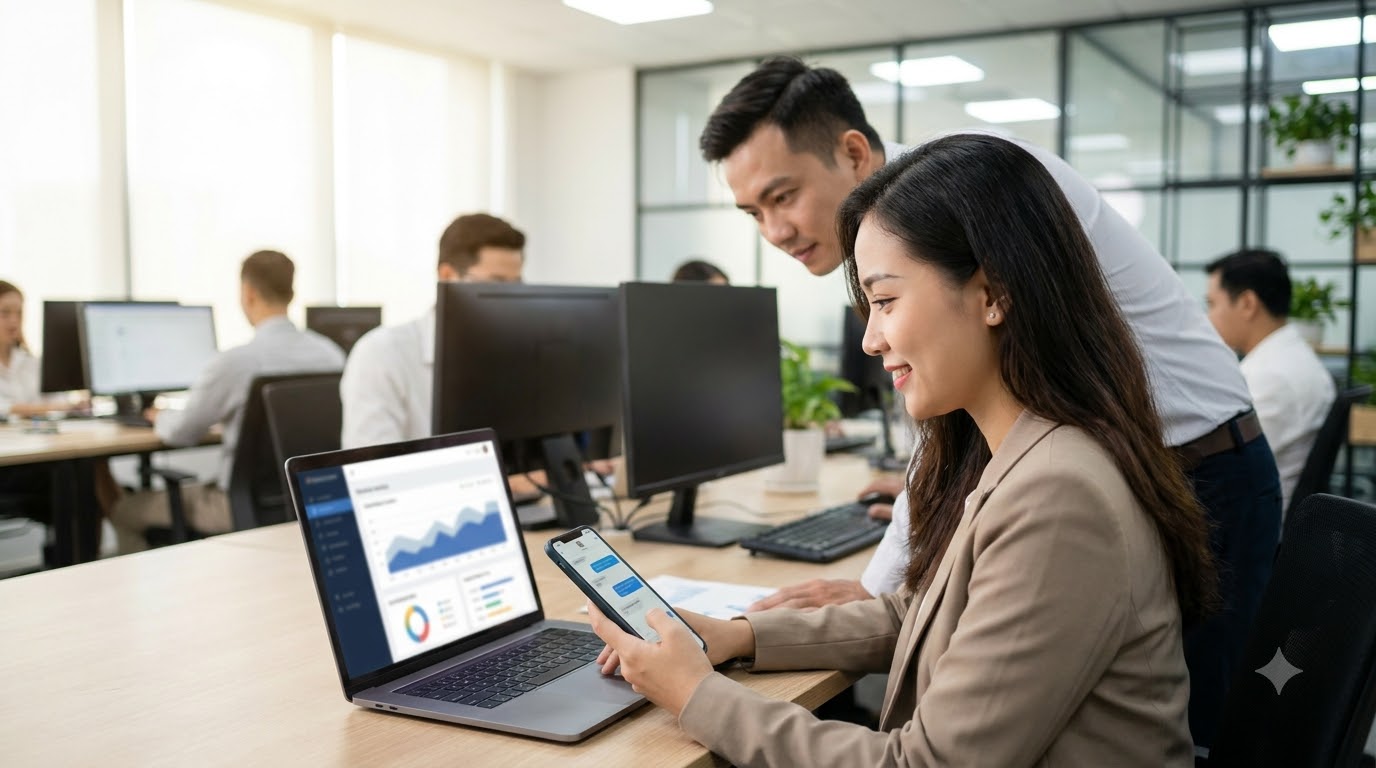 Nhân viên sales Việt Nam theo dõi chatbot và Zalo cá nhân để chăm sóc lead nóng