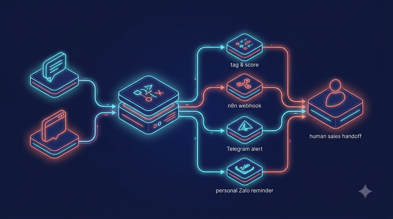 Sơ đồ kết hợp Smax.AI n8n Telegram và Zalo cá nhân để nhắc sales