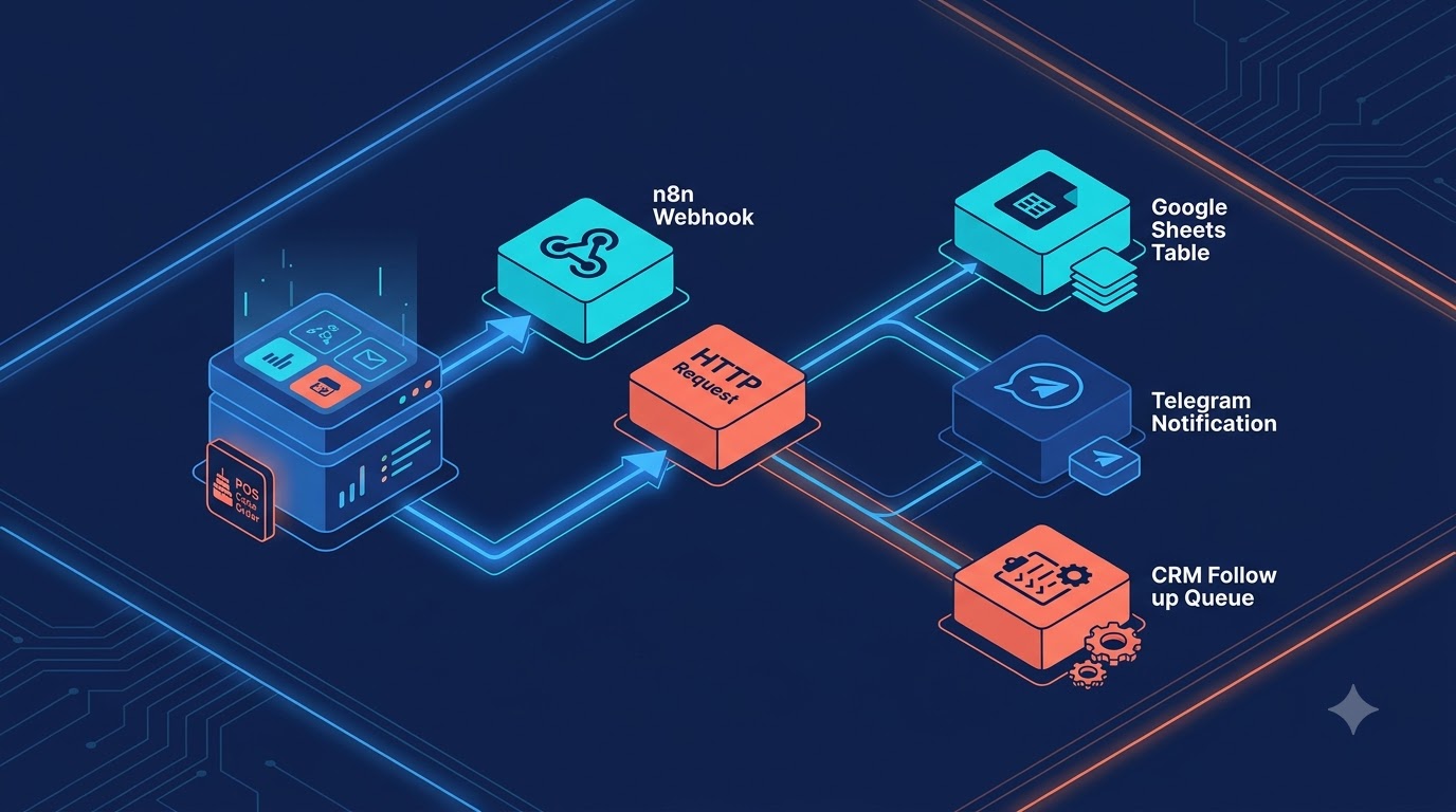 Sơ đồ workflow n8n đồng bộ đơn hàng POS Cake sang Google Sheets và Telegram