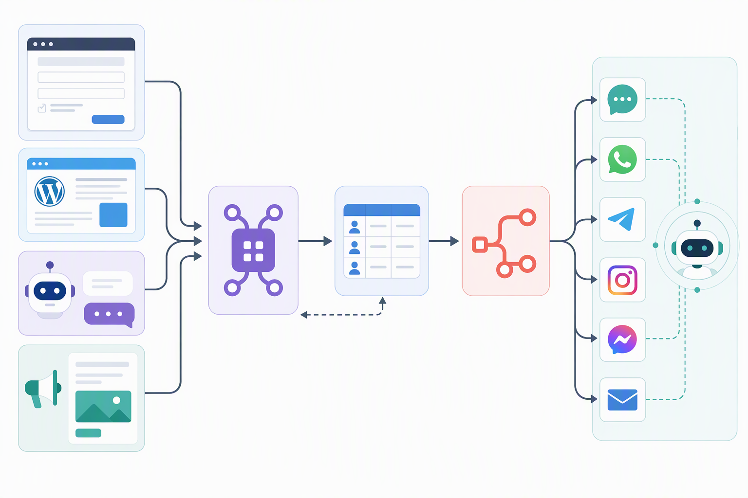 Kiến trúc Activepieces kết hợp NocoDB, n8n, Smax.AI và WordPress