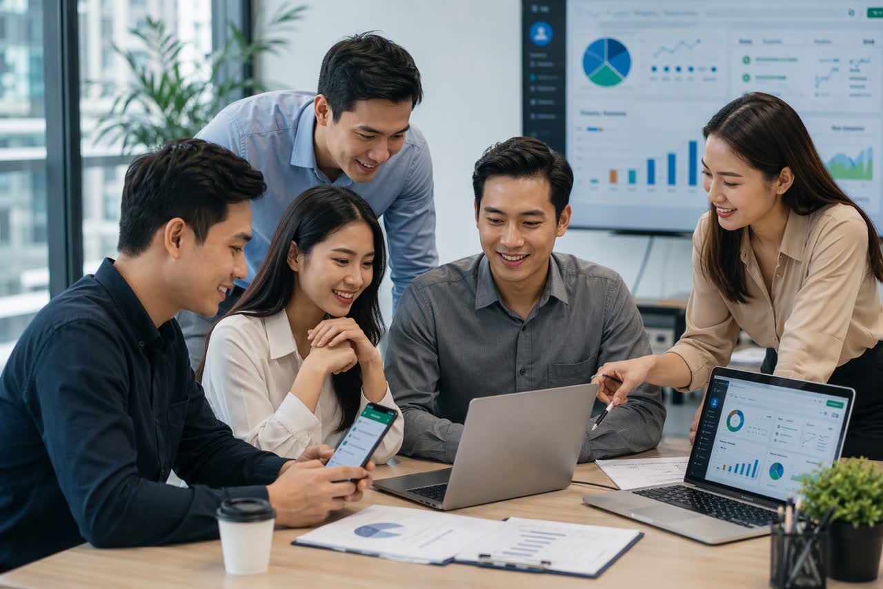 Nhân viên marketing và vận hành Việt Nam kiểm tra thanh toán CRM