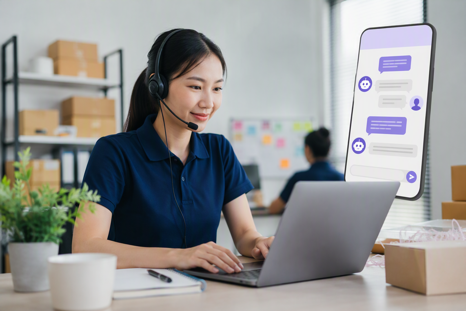 Nhân viên CSKH tra cứu trạng thái đơn hàng và trả lời qua chatbot
