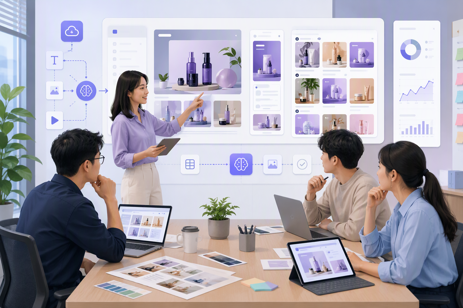 Đội marketing dùng workflow AI để tạo ảnh sản phẩm, banner và nội dung social