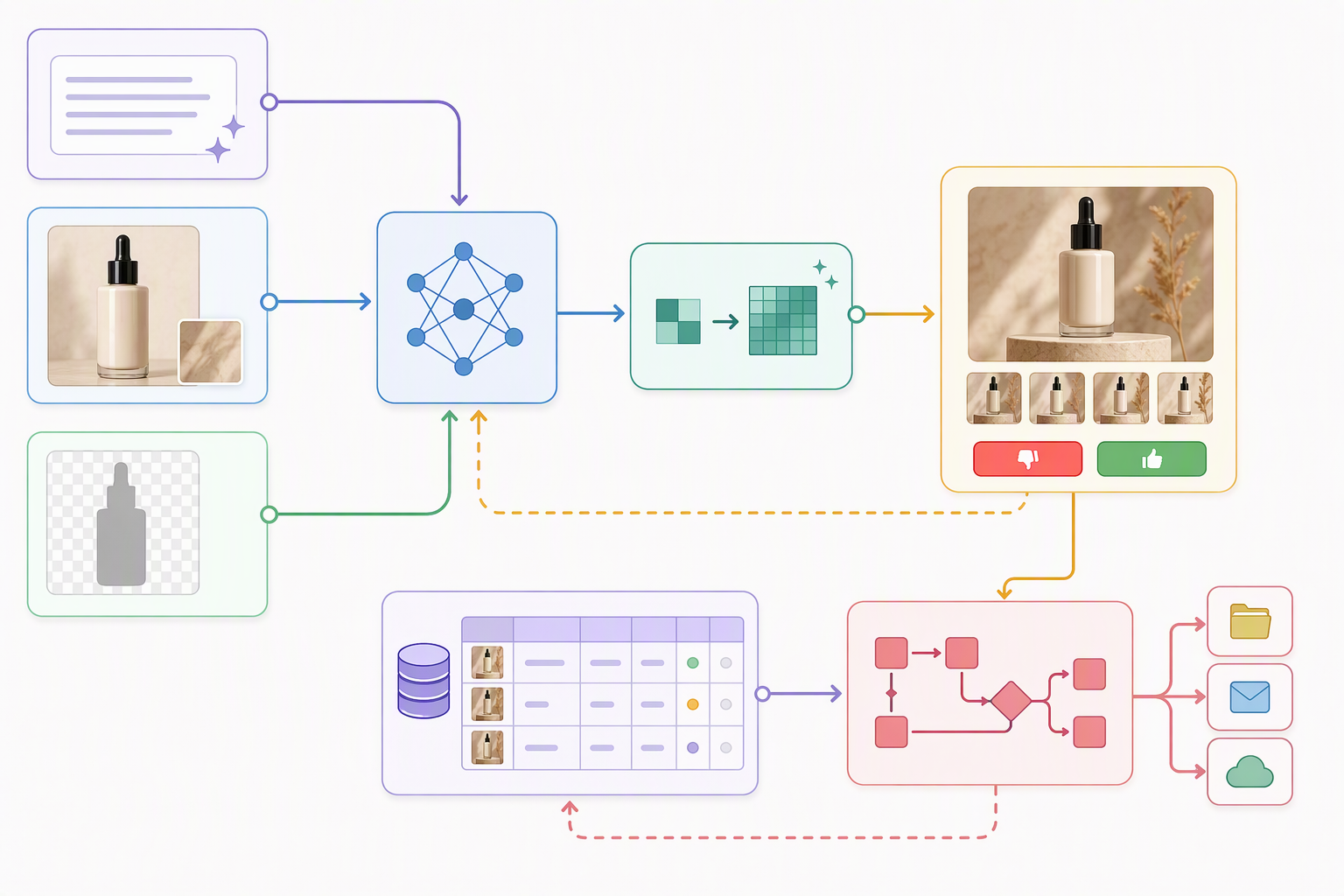 Kiến trúc workflow ComfyUI kết nối prompt, ảnh tham chiếu, n8n và NocoDB