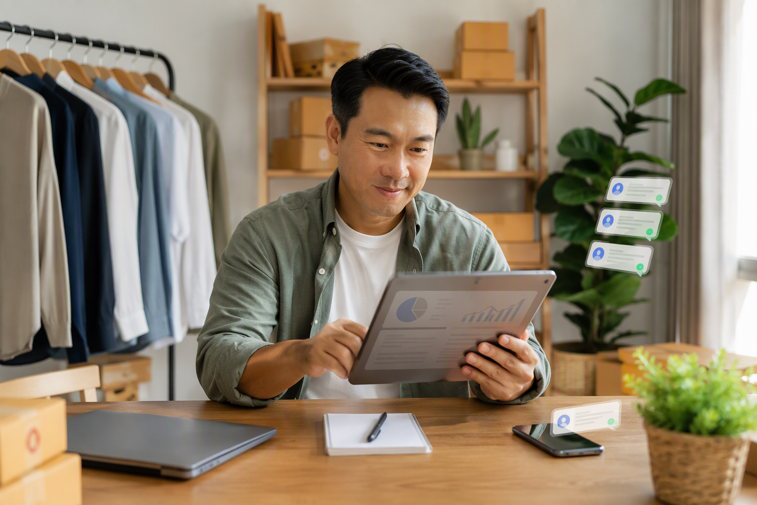 Chủ doanh nghiệp kiểm tra dashboard lead và chăm sóc khách hàng