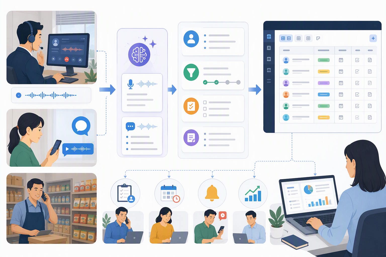 Cuộc gọi sales và voice note được chuyển thành ghi chú, task và trạng thái lead