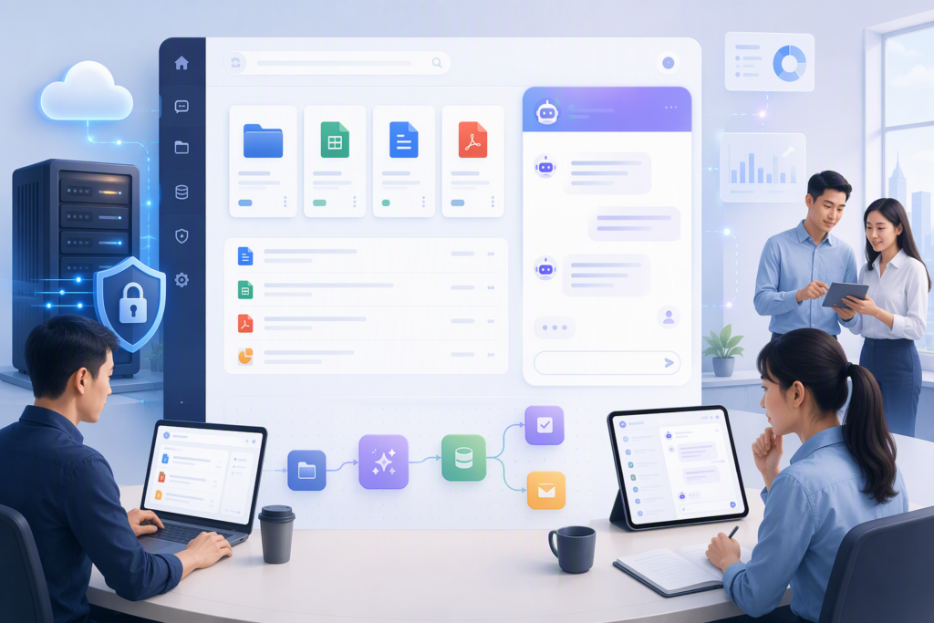 Minh họa AnythingLLM như workspace hỏi đáp tài liệu tự host cho doanh nghiệp