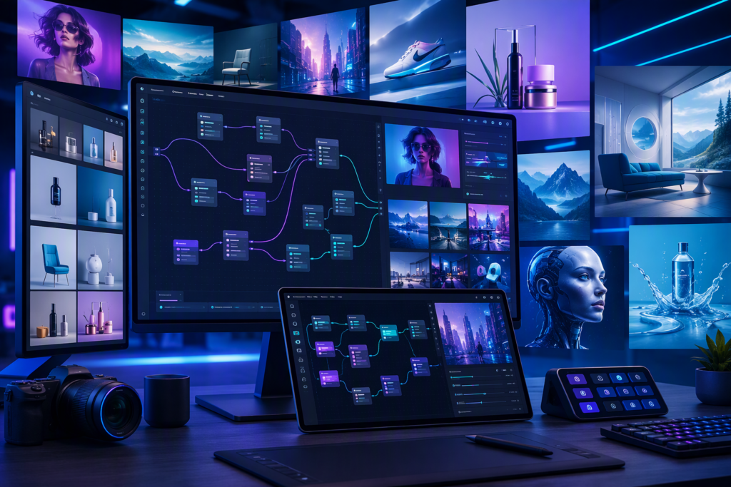 Minh họa ComfyUI như quy trình tạo hình ảnh AI tự host cho marketing và nội dung sản phẩm