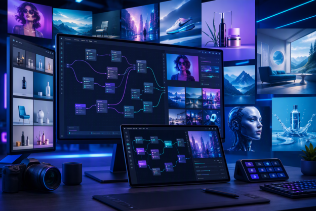 Minh họa ComfyUI như quy trình tạo hình ảnh AI tự host cho marketing và nội dung sản phẩm