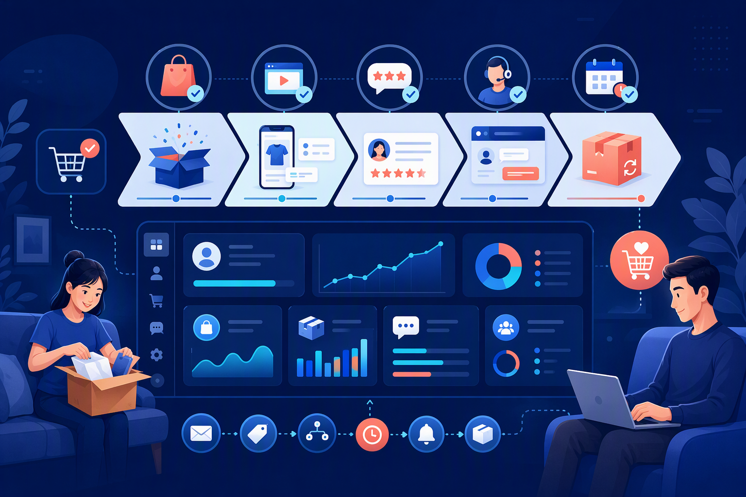 Phễu chăm sóc sau mua onboarding feedback và tái mua