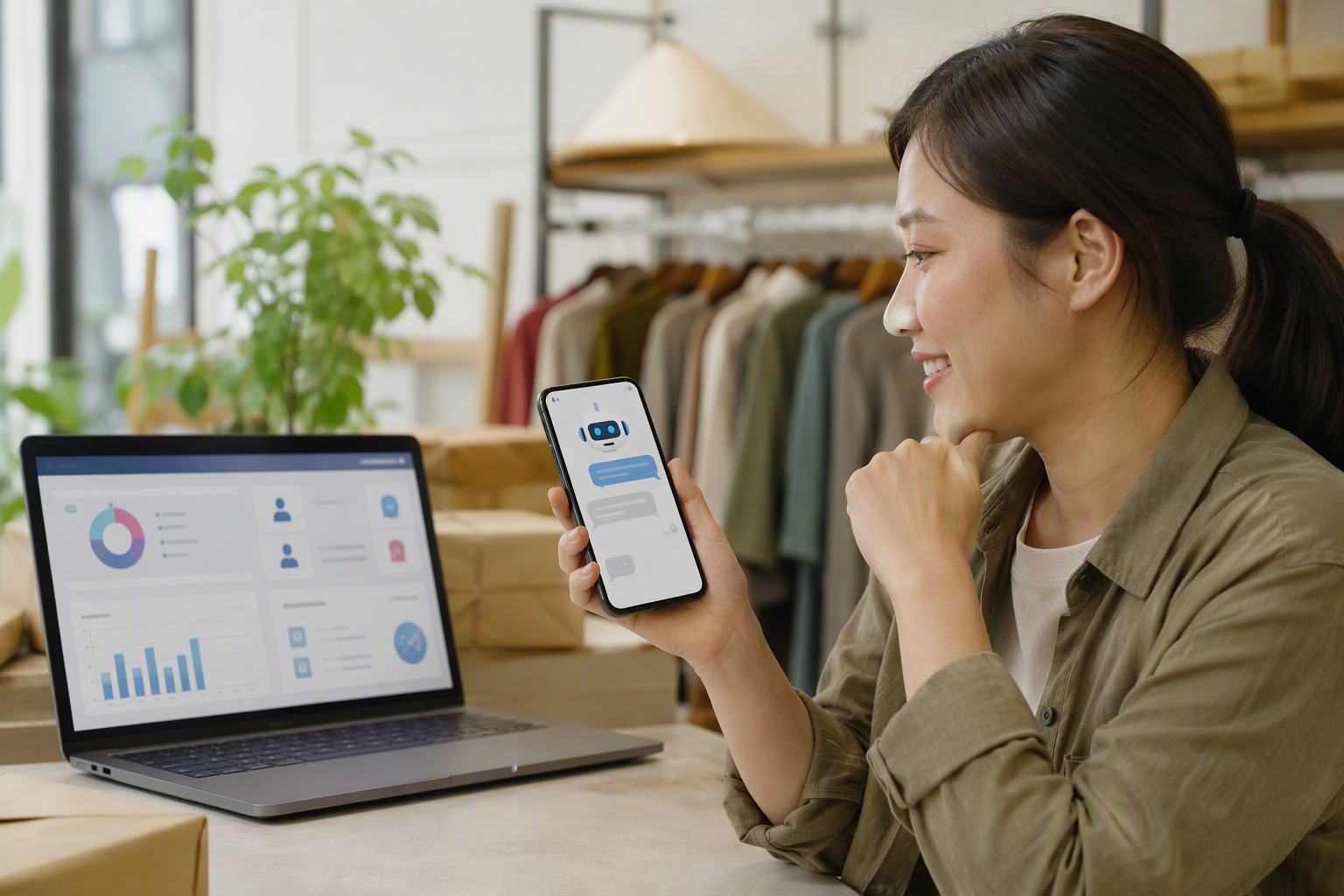 Chủ shop tương tác với AI chatbot và hệ thống automation