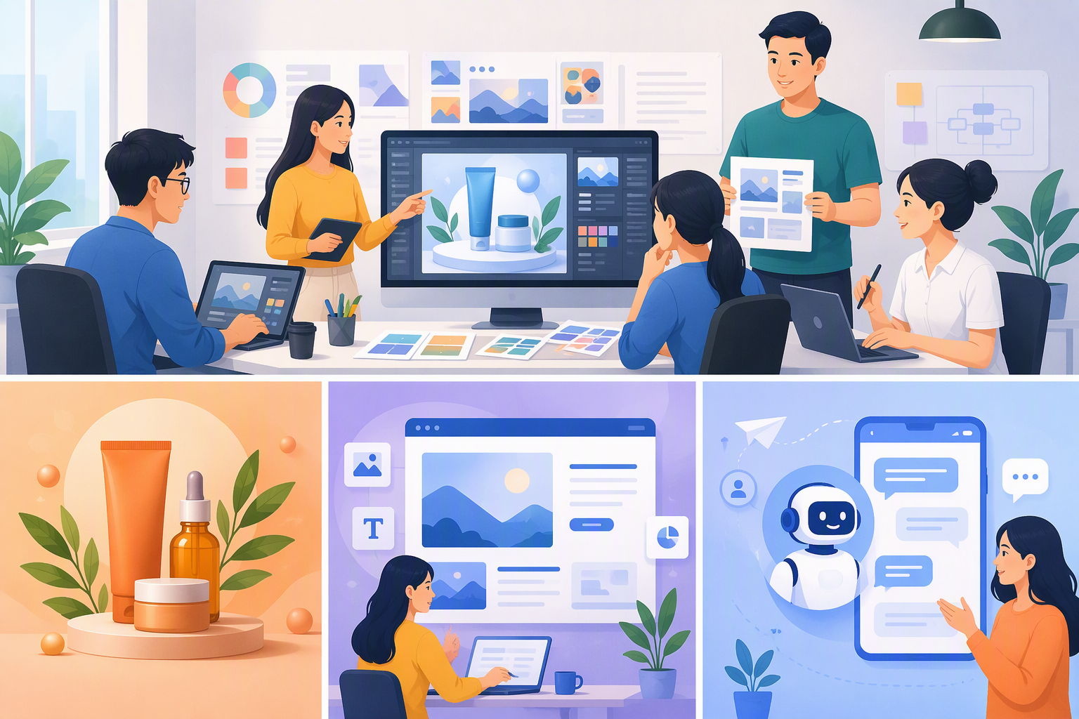 Đội marketing dùng studio AI để tạo ảnh cho blog, landing page và chiến dịch sản phẩm