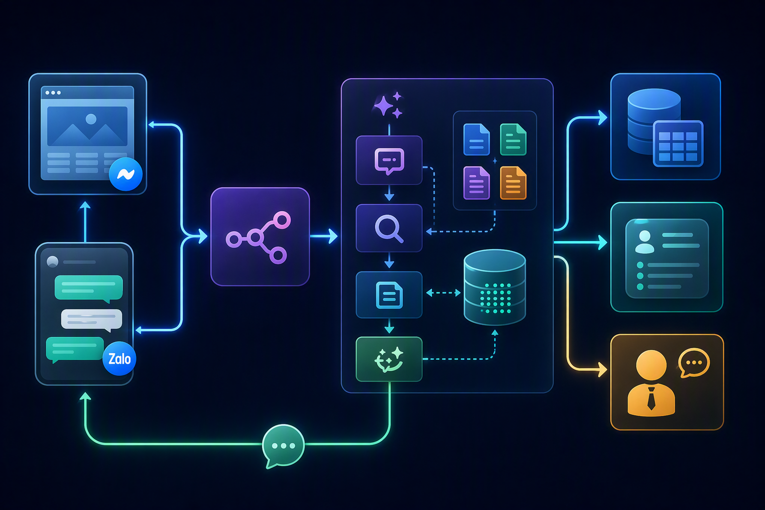 Workflow Langflow kết hợp n8n Smax.AI NocoDB và website chatbot