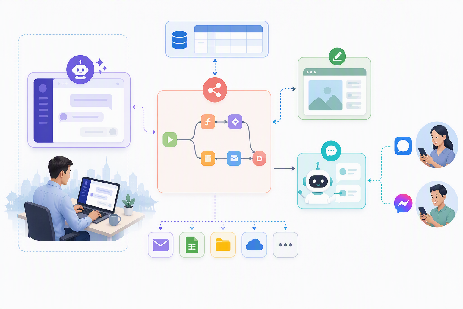 Sơ đồ LibreChat kết nối n8n NocoDB WordPress và Smax.AI