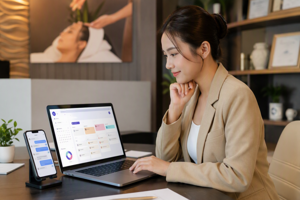 Nhân viên tư vấn spa theo dõi dashboard lịch hẹn
