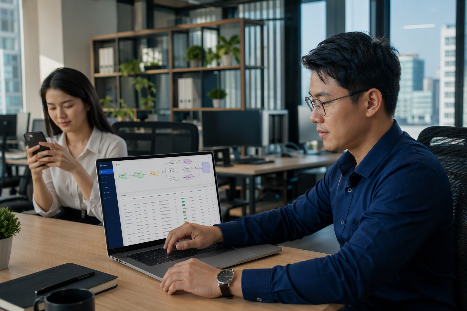 Nhân viên sale vận hành chatbot AI và dashboard dữ liệu khách hàng