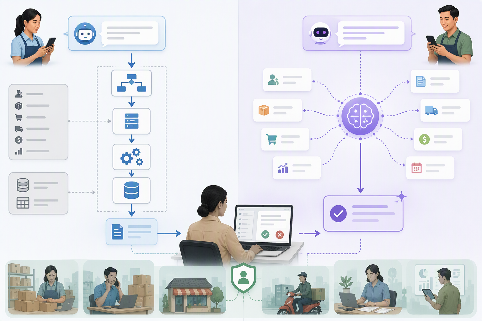 So sánh tư duy chatbot NLU có kiểm soát và chatbot LLM linh hoạt