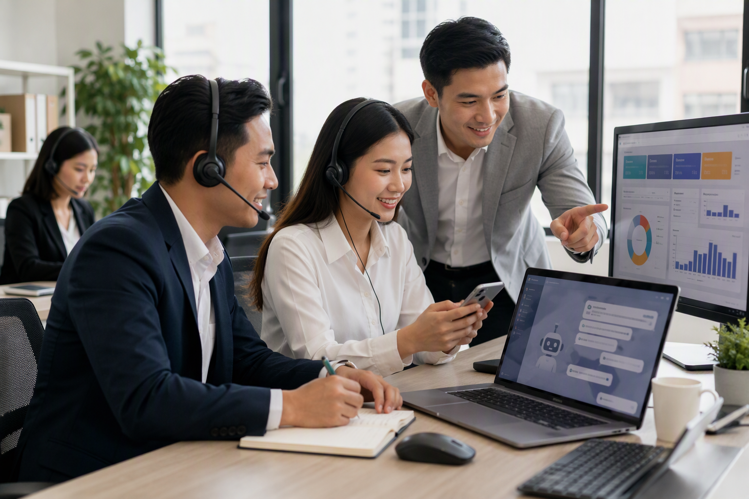 Đội sales theo dõi dashboard Follow Up và chatbot automation