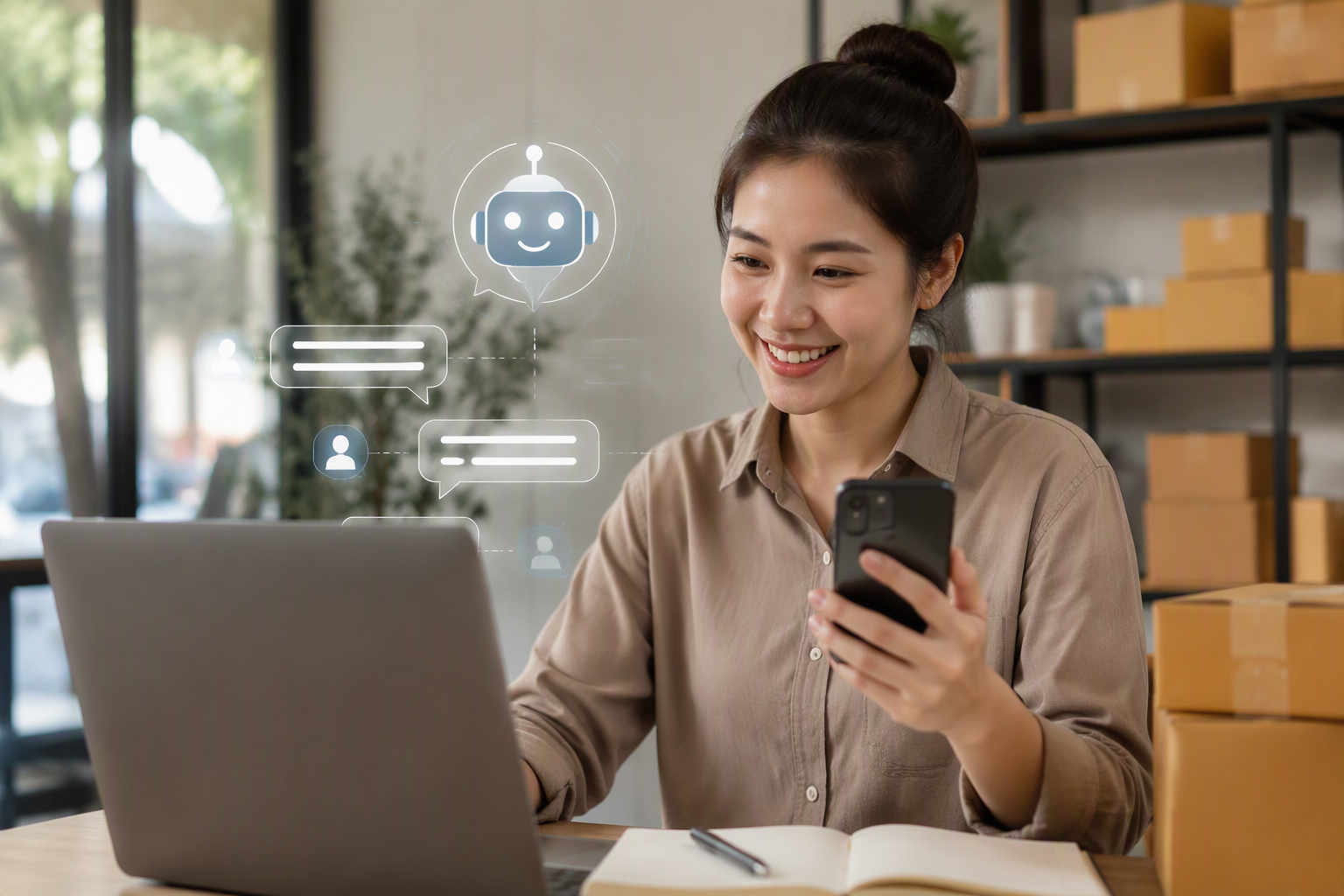 Chủ doanh nghiệp dùng chatbot automation để chăm sóc khách hàng