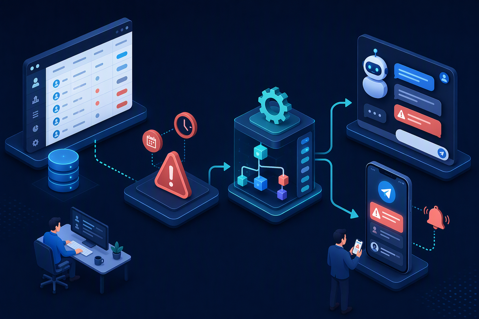 Sơ đồ workflow NocoDB n8n Smax.AI Telegram cho task sales quá hạn