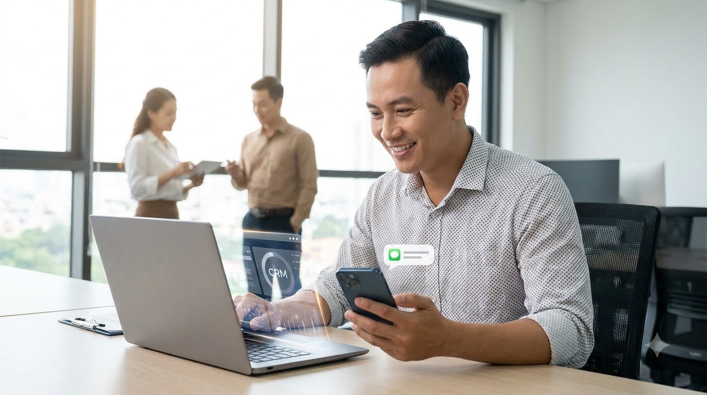 Nhân viên sales Việt Nam nhận task từ chatbot GenAI trên dashboard CRM