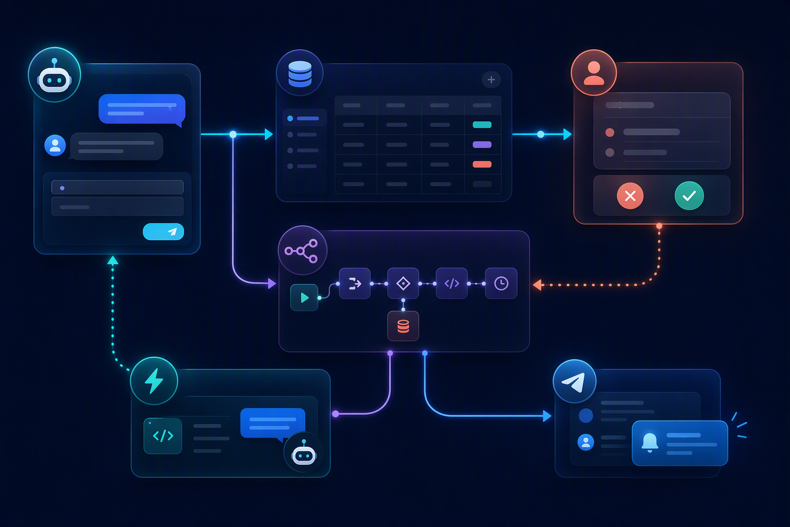 Sơ đồ workflow NocoDB n8n Trigger Bot API và Telegram sales