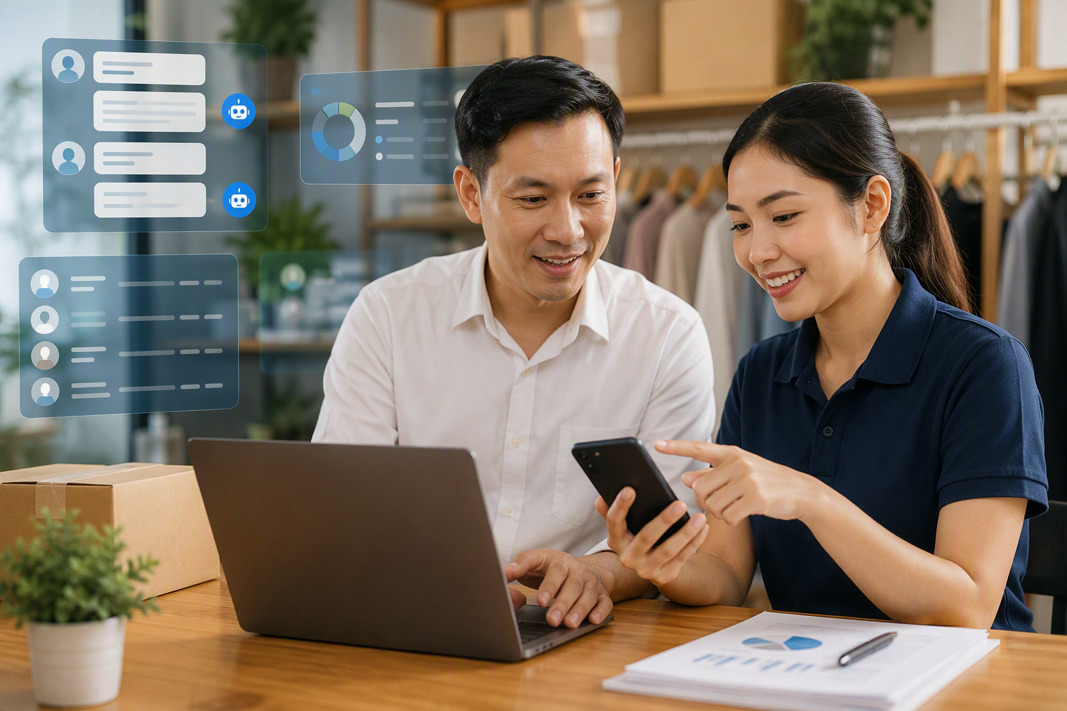 Chủ doanh nghiệp Việt Nam theo dõi chatbot automation và CRM khách hàng