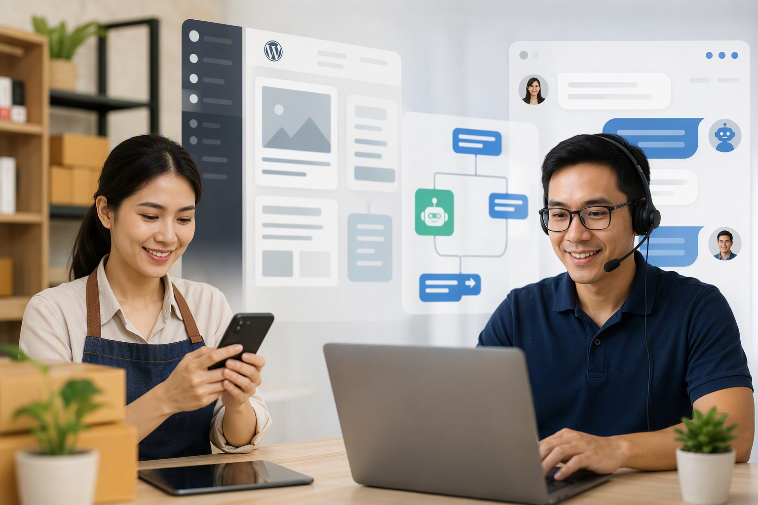 Chủ doanh nghiệp dùng chatbot và automation để tái sử dụng nội dung đã duyệt
