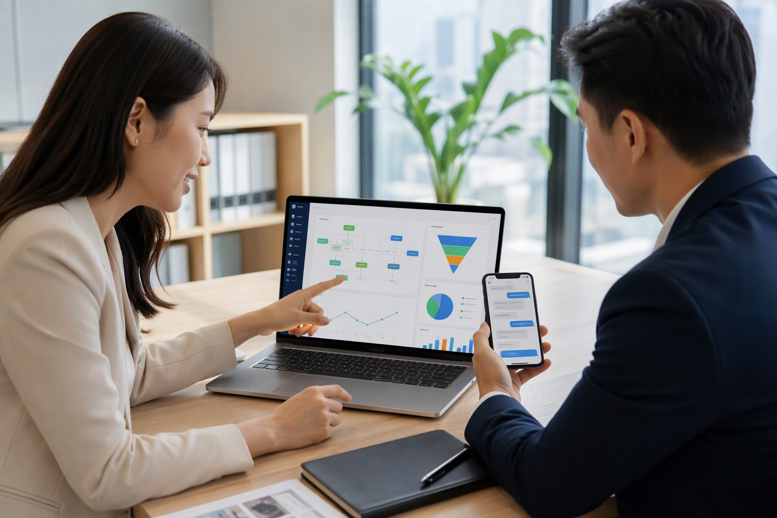 Đội sales dịch vụ tư vấn theo dõi dashboard chatbot và lịch hẹn
