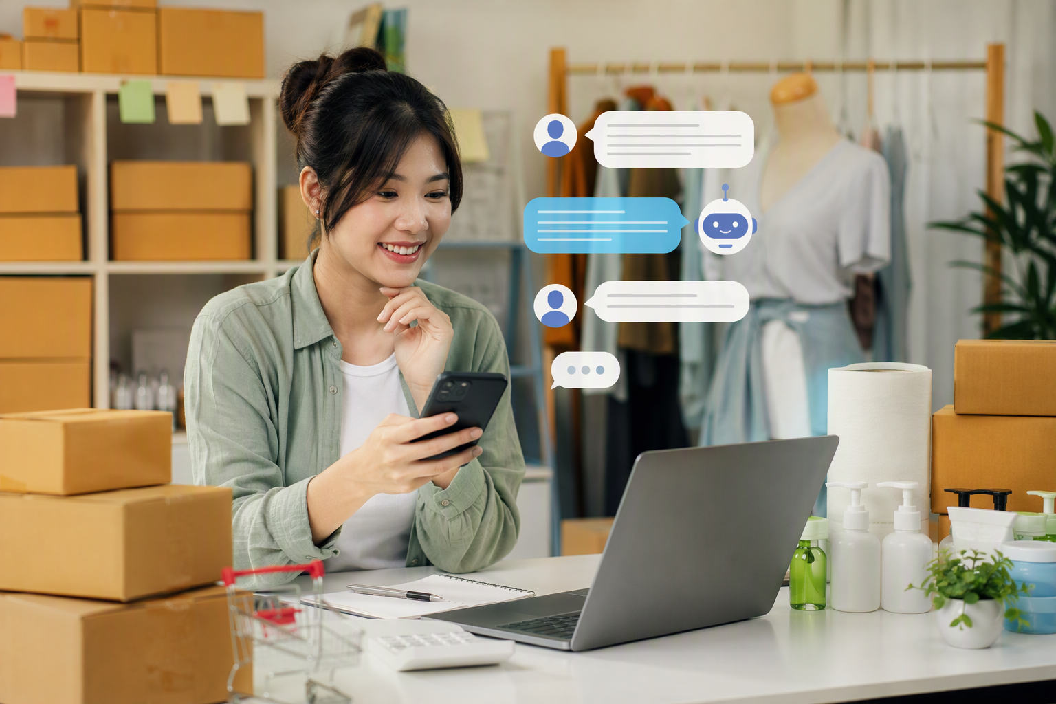 Chủ shop tương tác với khách qua chatbot và zBusiness