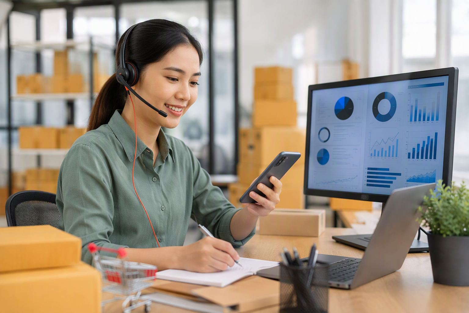 Nhân viên shop online theo dõi khách hàng trên dashboard automation