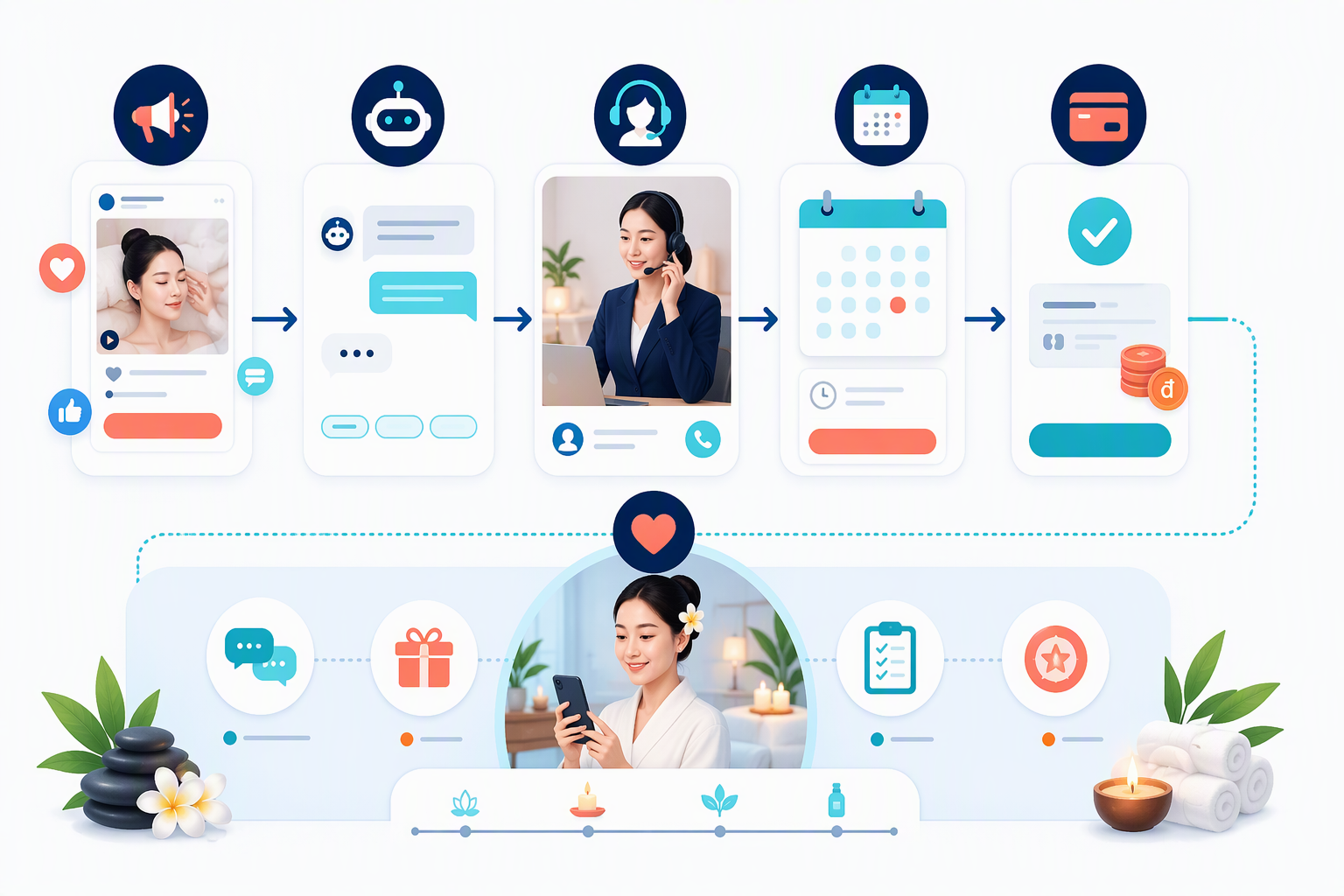 Workflow spa từ quảng cáo đến đặt lịch và chăm sóc sau liệu trình