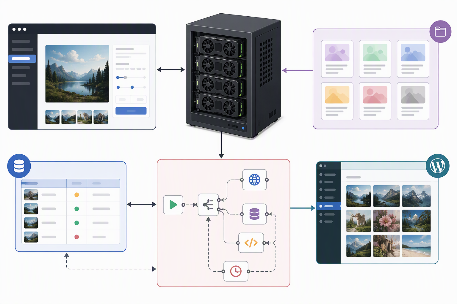 Kiến trúc Fooocus tự host kết hợp GPU server, NocoDB, n8n và WordPress
