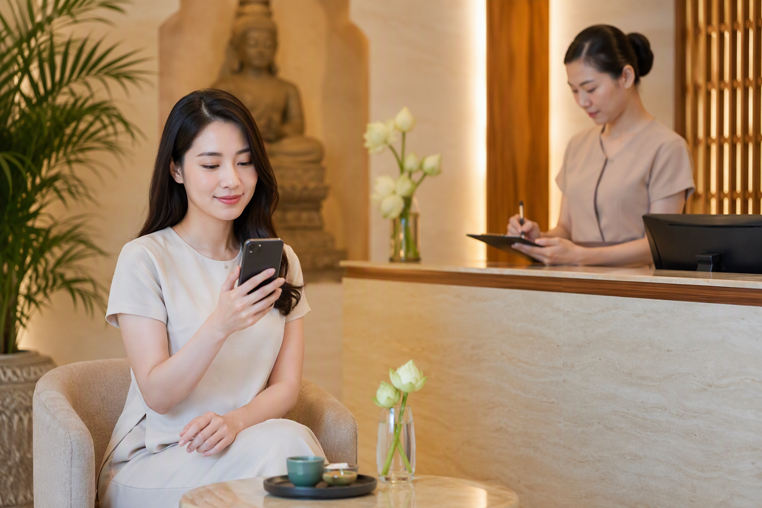 Khách hàng spa tương tác với chatbot AI trước khi đặt lịch tư vấn