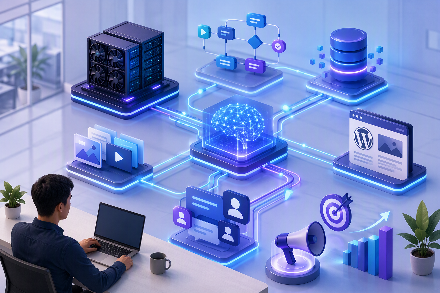 Kiến trúc tự host tạo ảnh AI với n8n NocoDB WordPress