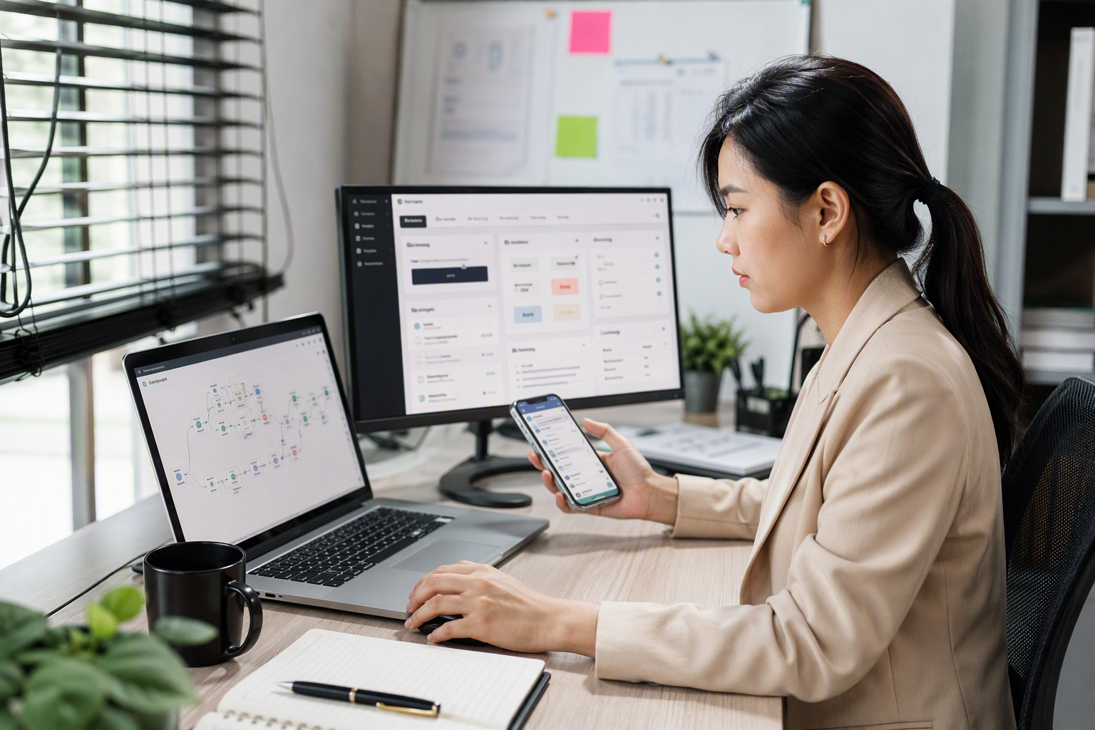 Nhân viên marketing theo dõi workflow n8n và cảnh báo Telegram