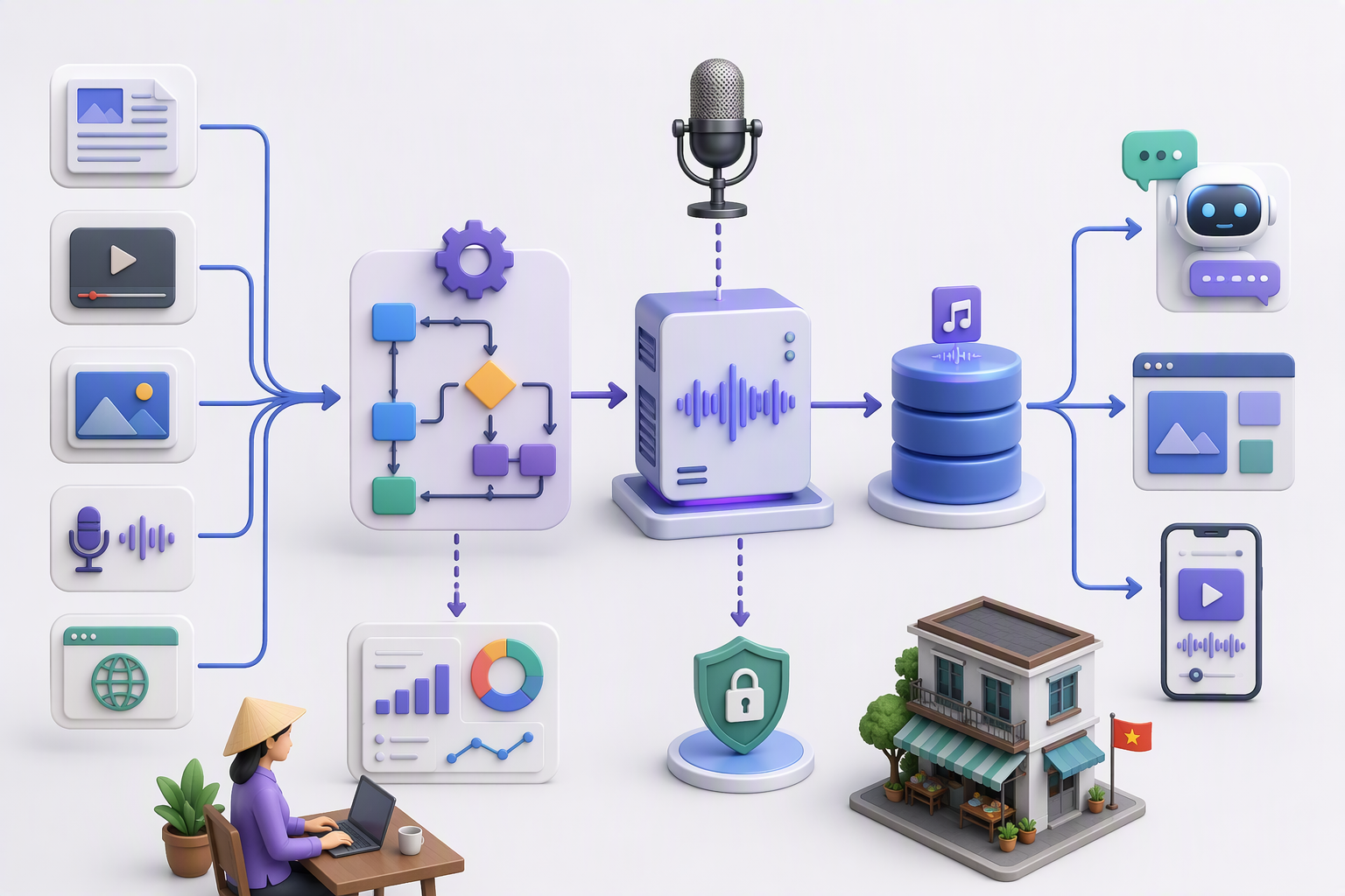 Kiến trúc tự host Piper TTS với n8n WordPress và chatbot