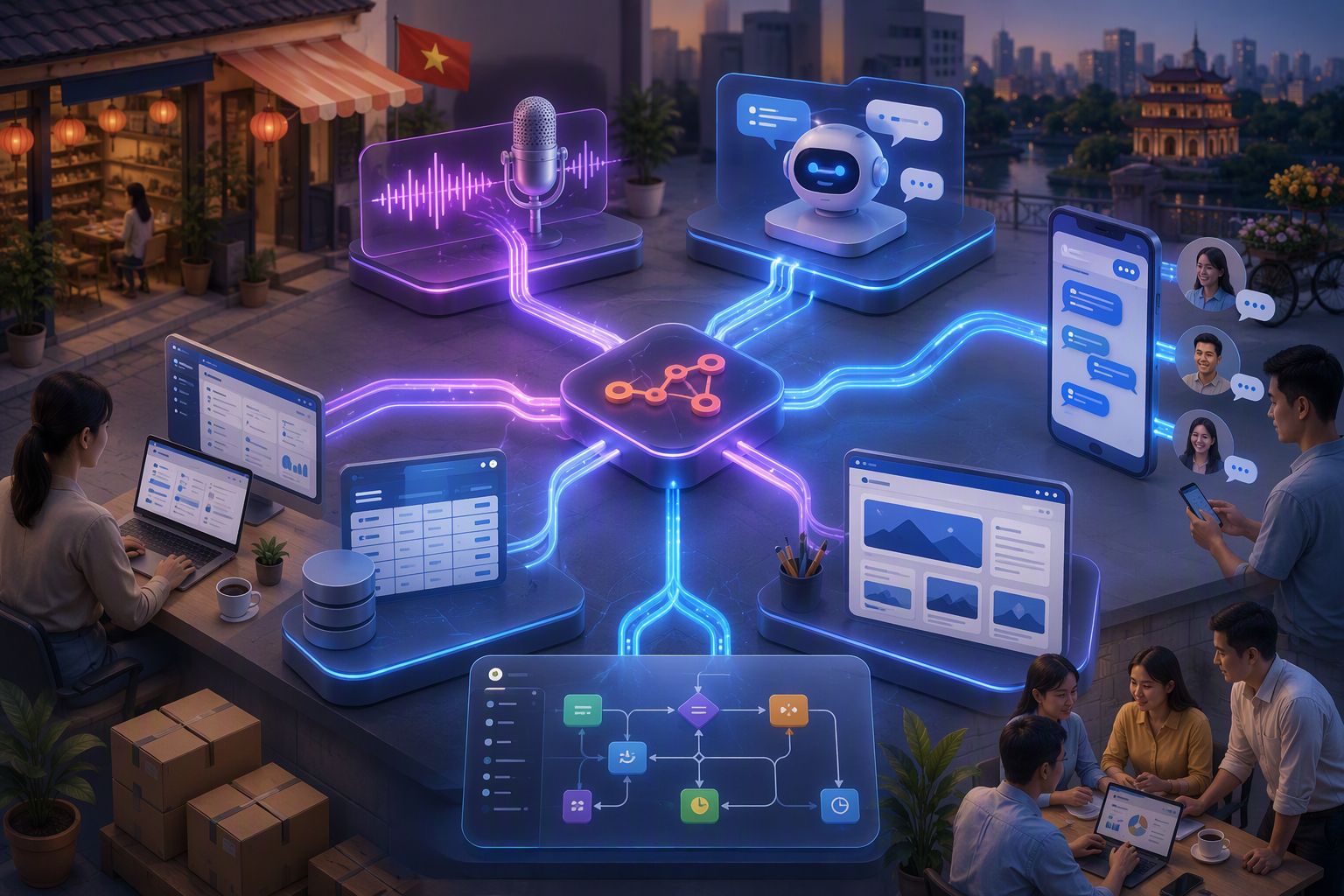 Workflow kết hợp Piper TTS với n8n, Smax.AI, NocoDB, WordPress, Zalo và Messenger
