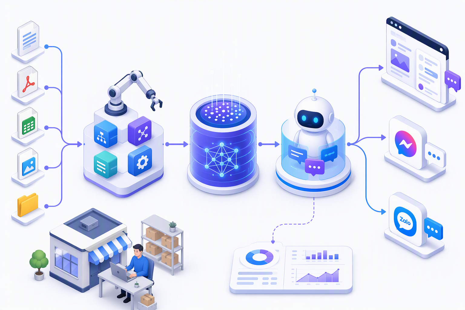 Kiến trúc RAG kết hợp n8n, NocoDB, vector database và chatbot